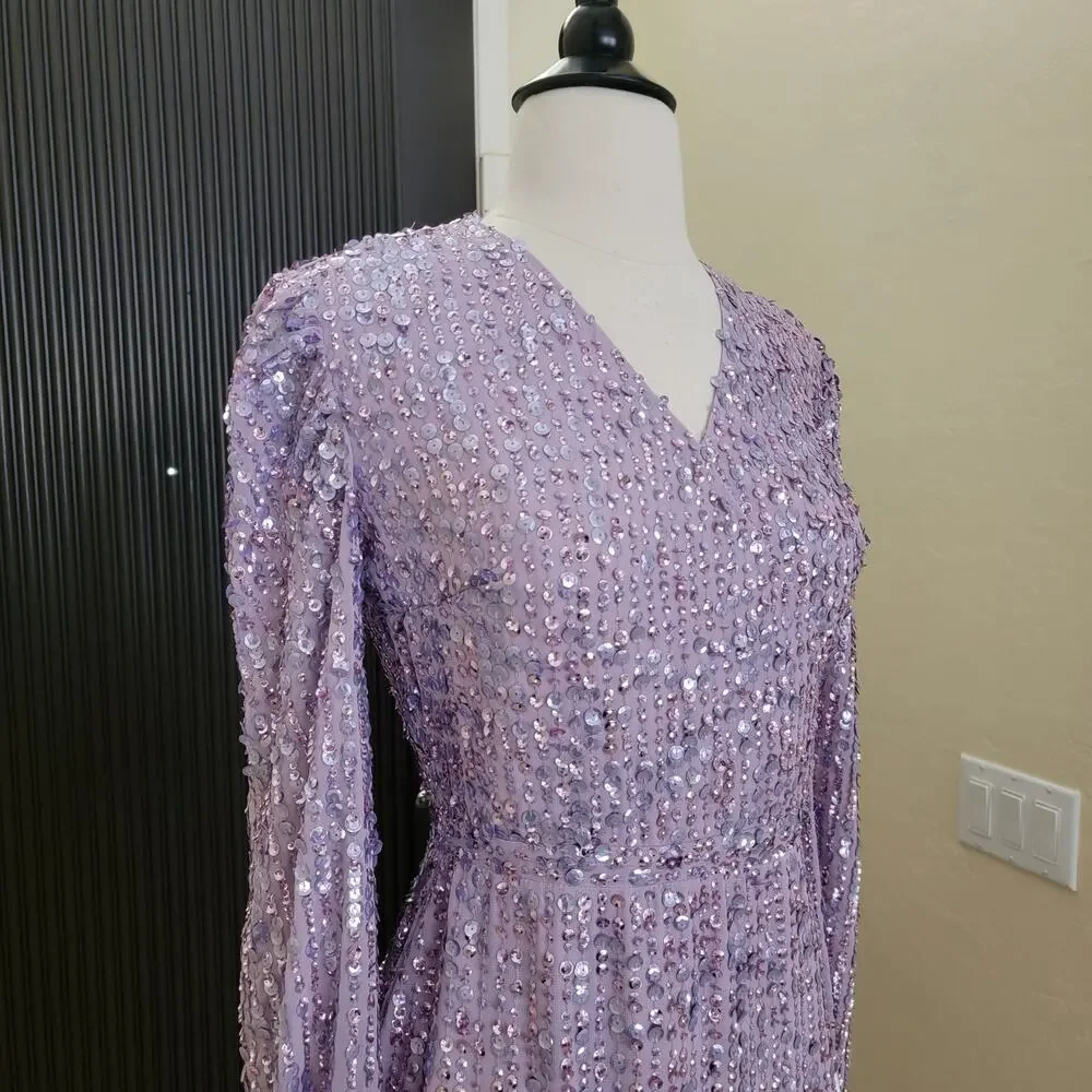 Mac Duggal 107641 Lavender Purple Sequin V Neck Long Sleeve Midi Dress 2 - Picture 4 of 13